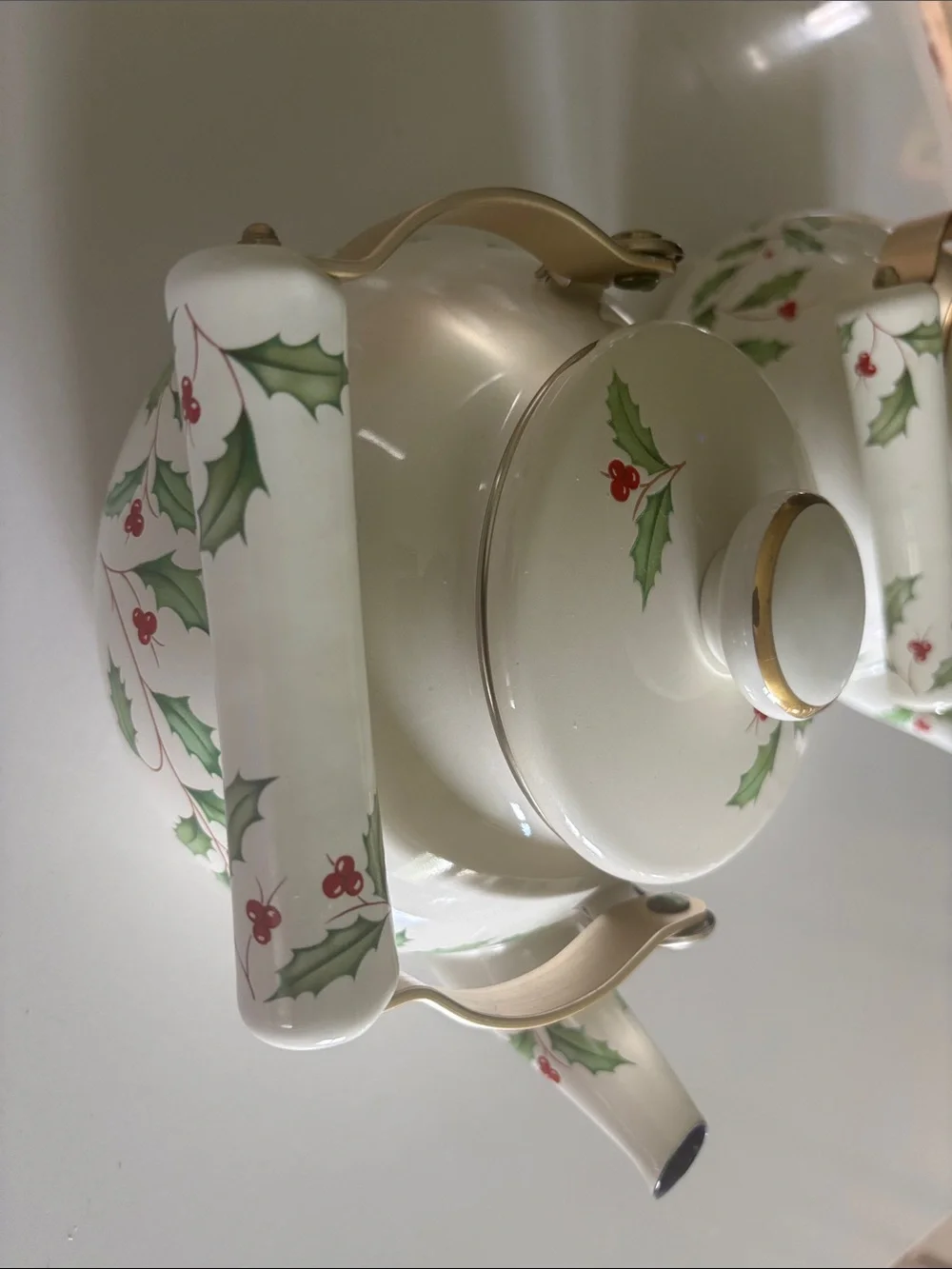 Lenox Holiday Enamel Ware Metal Tea Kettle Teapot Holly Berry China Handle